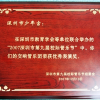 2007年12月管乐团荣获第九届深圳市校际管乐节优秀表演奖