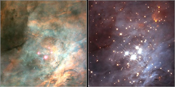 猎户座星云中央区域的4颗亮星，天文学家称之为“猎户座四边形”。这幅由哈勃太空望远镜所拍摄的图像显示了在可见光下（左图）和在红外光下（右）四颗亮星的情况。如果有黑洞存在于该区域，那么将会位于这些亮星附近。