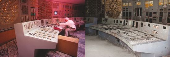 巨变：事故发生后，曾经一尘不染的切尔诺贝利核电站四号机组控制室已经掩埋在了放射性尘土中25年。